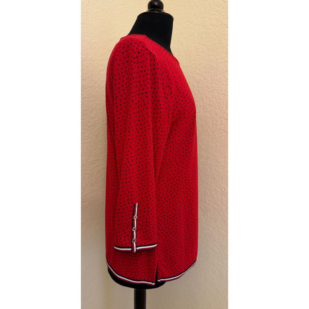 Tommy Hilfiger Red Polka Dots Striped Trim 3/4 Sleeves Top - Sz L